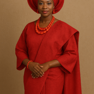 Red Nigerian Traditional Attire with Gele and Coral Beads