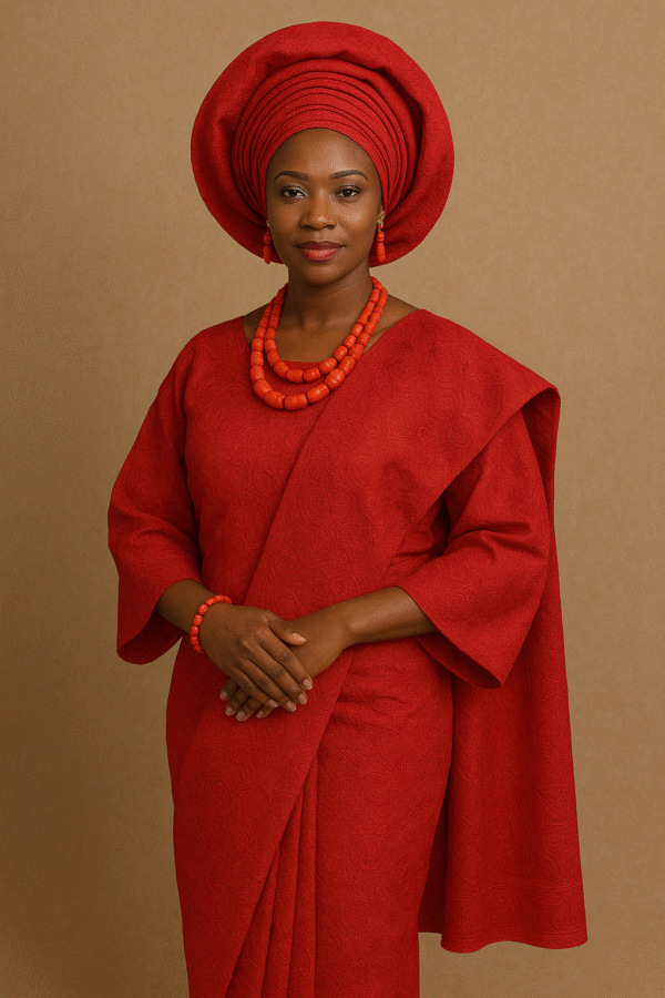 Red Nigerian Traditional Attire with Gele and Coral Beads